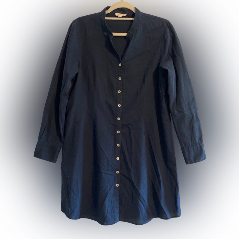 Eileen Fisher Easy Band Collar Longline Organic Cotton Shirt Navy Medium